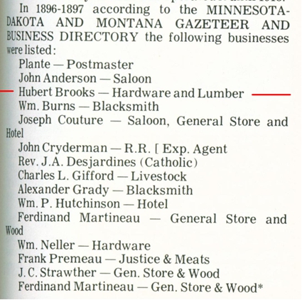 Image of 1896 St John ND Business Directory showing Hubert (Rousseau) Brooks Hardware and Lumber Store listing